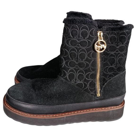 Coach Boots 7 Womens Black Signature Isa Suede Snow Flat Round Toe Low Comfort - Picture 8 of 12
